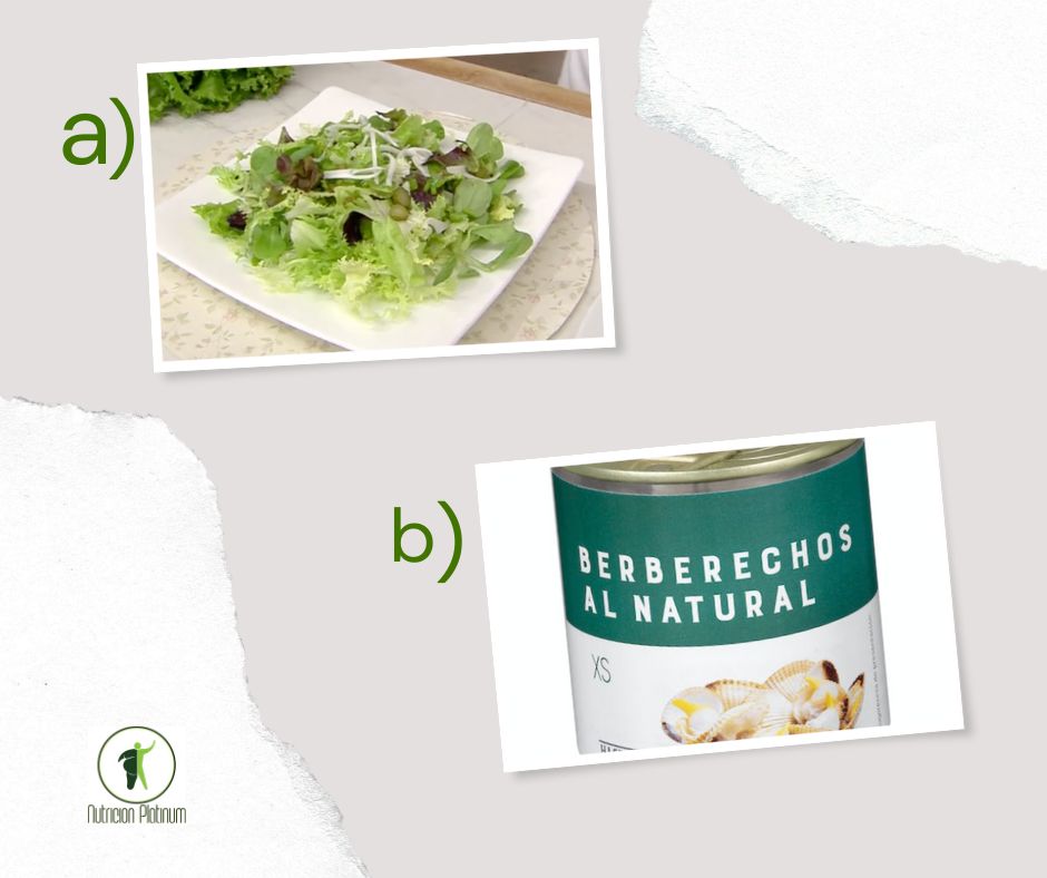 Ensalada de lechugas variadas y pepinillos con berberechos en conserva.